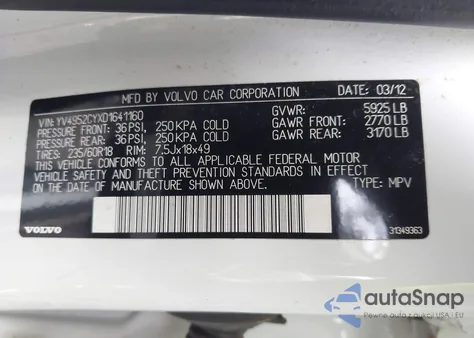 2013 Volvo Xc90 3.2/3.2 Platinum/3.2 Premier Plus from USA, damaged, VIN YV4952CYXD1641160